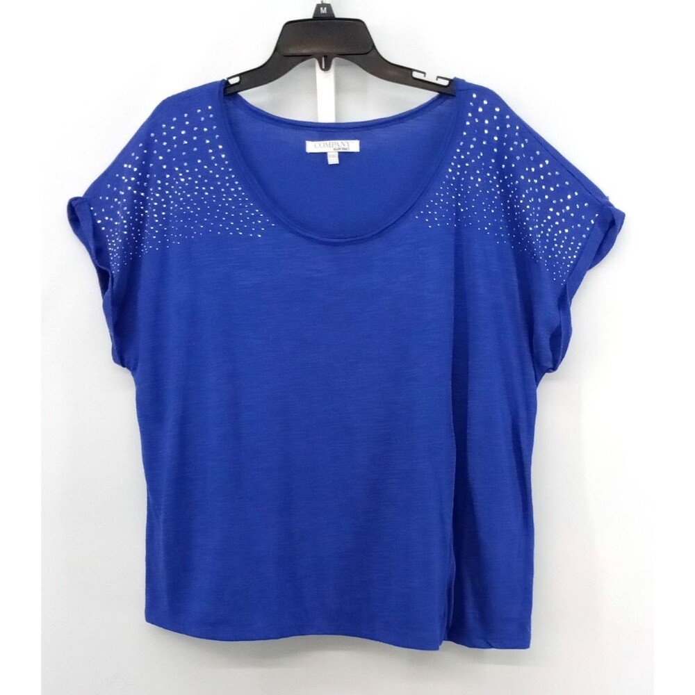 Ellen Tracy Blouse Women Size 2XL Blue Beaded Cap Sleeve Scoop Neck Casual Top